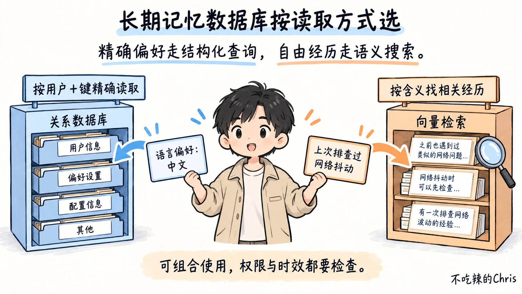 长期记忆的结构化偏好走精确查询，自由经历走语义搜索，二者都检查权限与时效