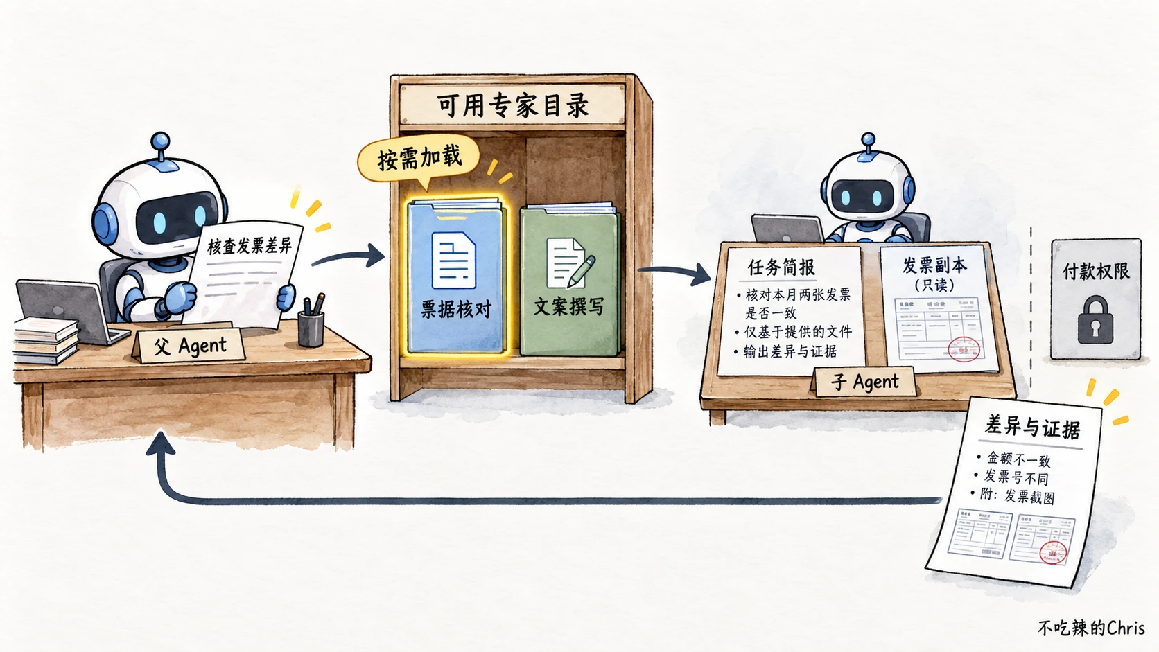 父 Agent 从可用专家目录按需选择票据核对子 Agent,只交付只读副本并收回差异证据