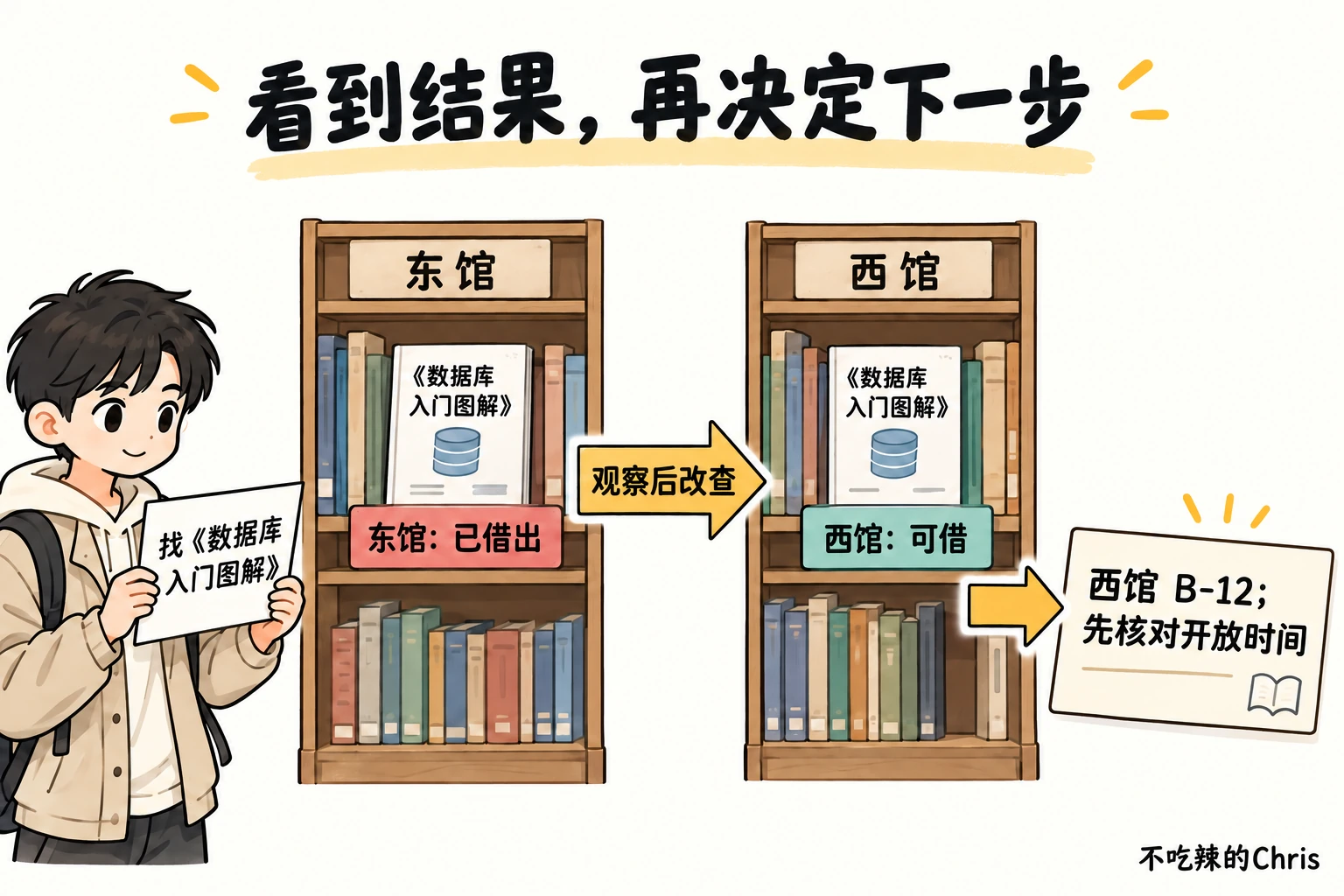 东馆副本已借出后,ReAct 借书助手依据观察改查西馆,形成待核对开放时间的下一步