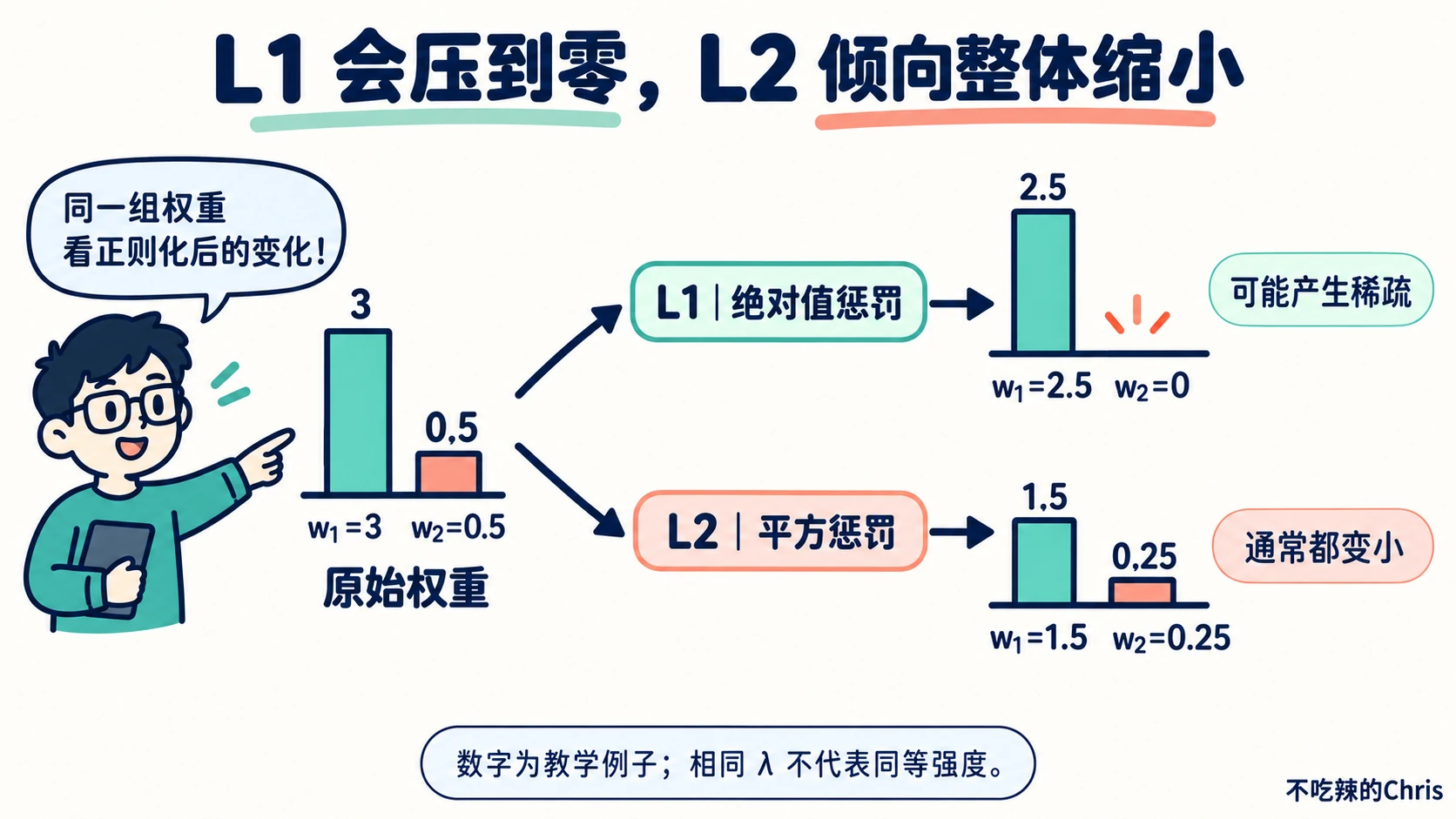 同一组两个权重分别经过 L1 和 L2 正则化的教学示意