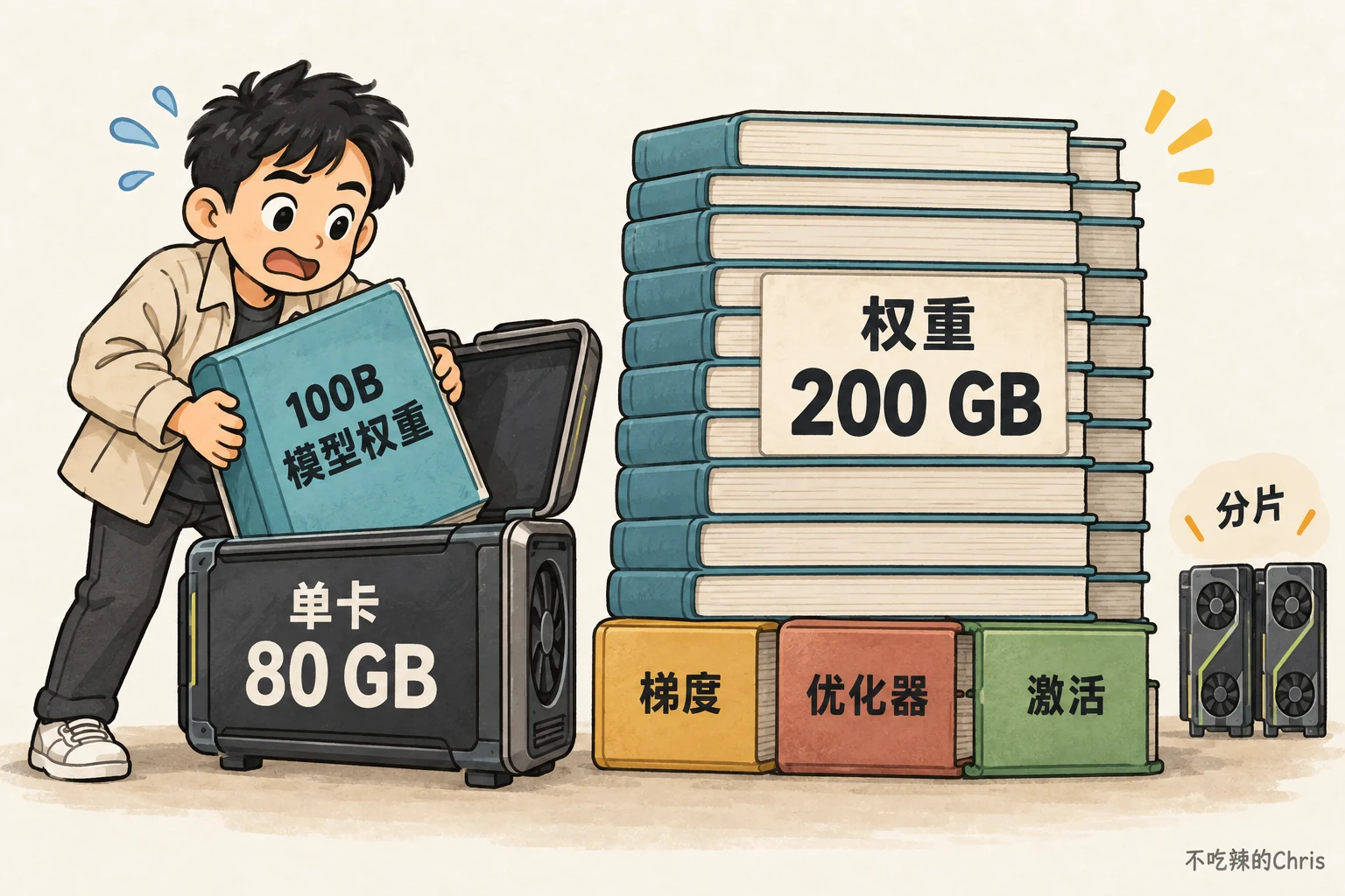 100B 模型的 BF16 权重约 200 GB，单张 80 GB GPU 连权重都装不下，训练还需要梯度、优化器状态和激活