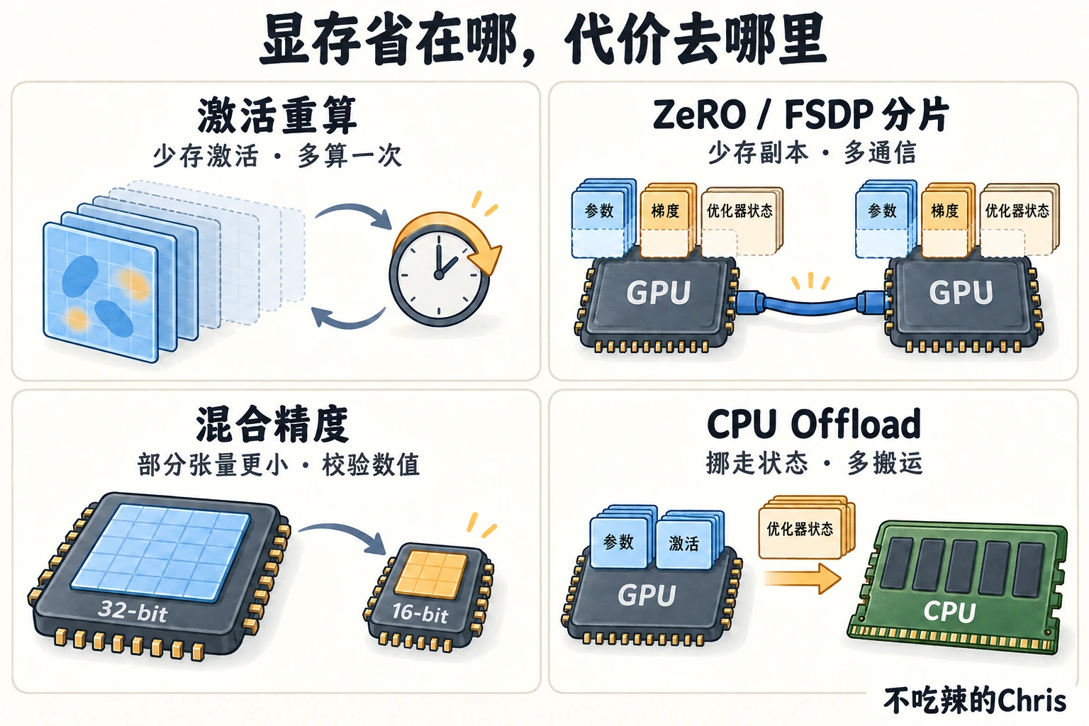 激活重算、ZeRO/FSDP 分片、混合精度和 CPU Offload 各自减少不同显存,并带来计算、通信、数值或传输代价