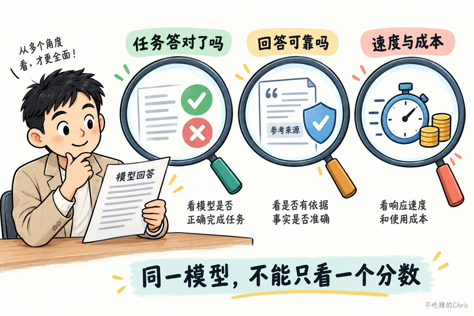 同一份模型回答分别检查任务是否完成、内容是否有依据，以及响应速度和成本
