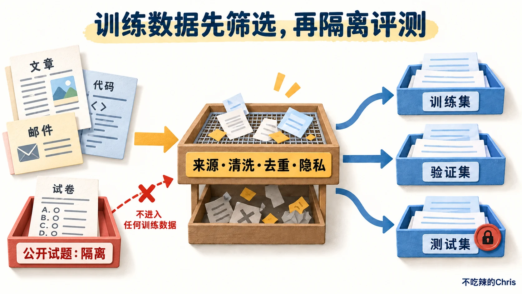 普通文档经来源、清洗、去重和隐私筛选后分入训练、验证、测试集;公开试题单独隔离