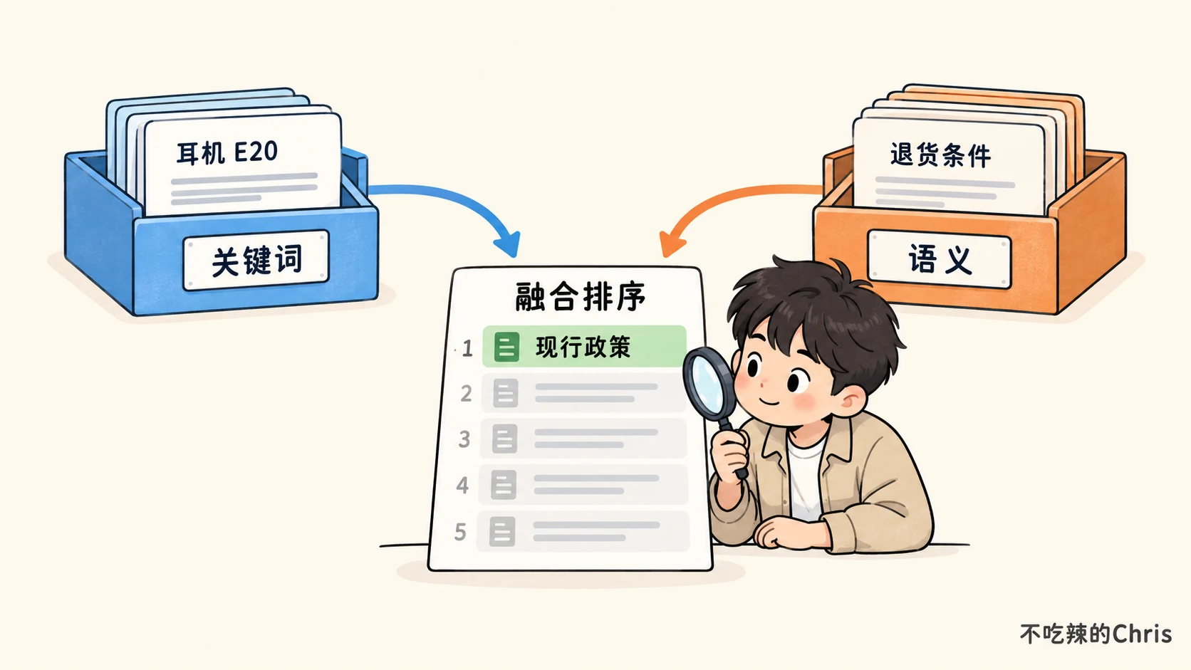 关键词与语义两路检索结果汇入同一候选清单后排序