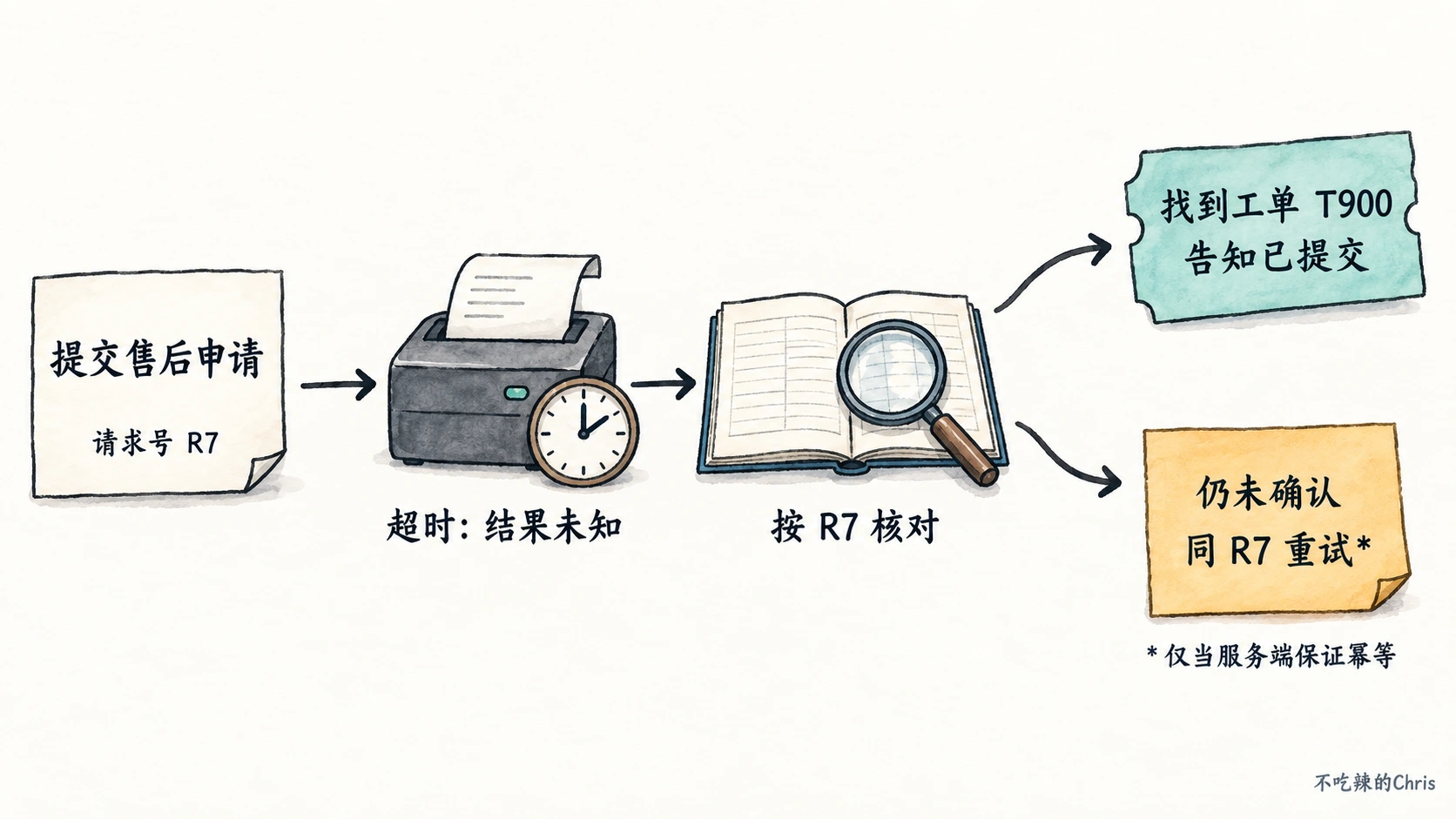 售后申请写工具超时后先按 R7 查请求结果；已创建则告知，仍未知时仅在服务端保证幂等的前提下同号重试