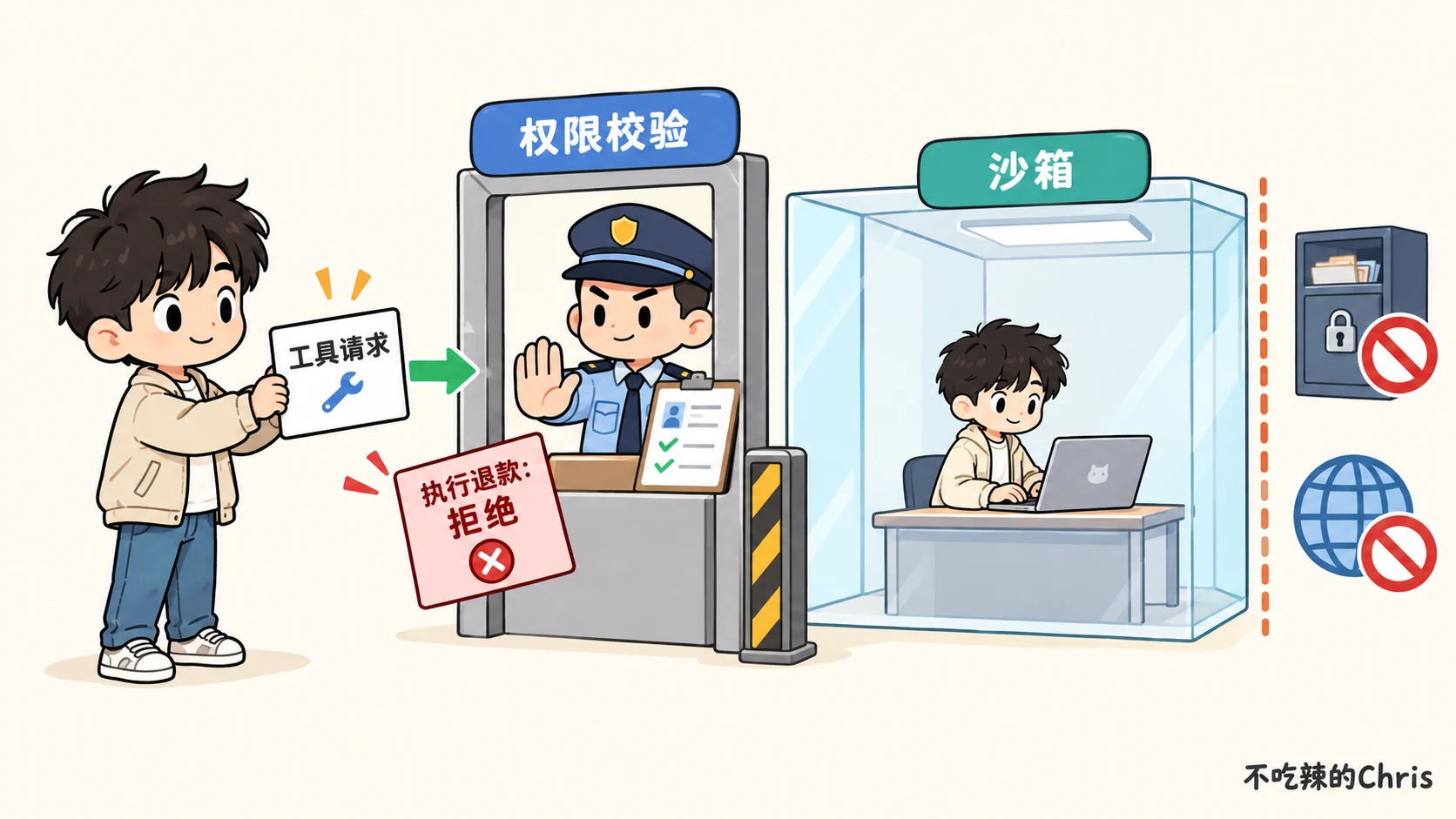 模型的工具请求先经过权限校验，获准的执行才进入受限沙箱，高影响退款请求被拦下