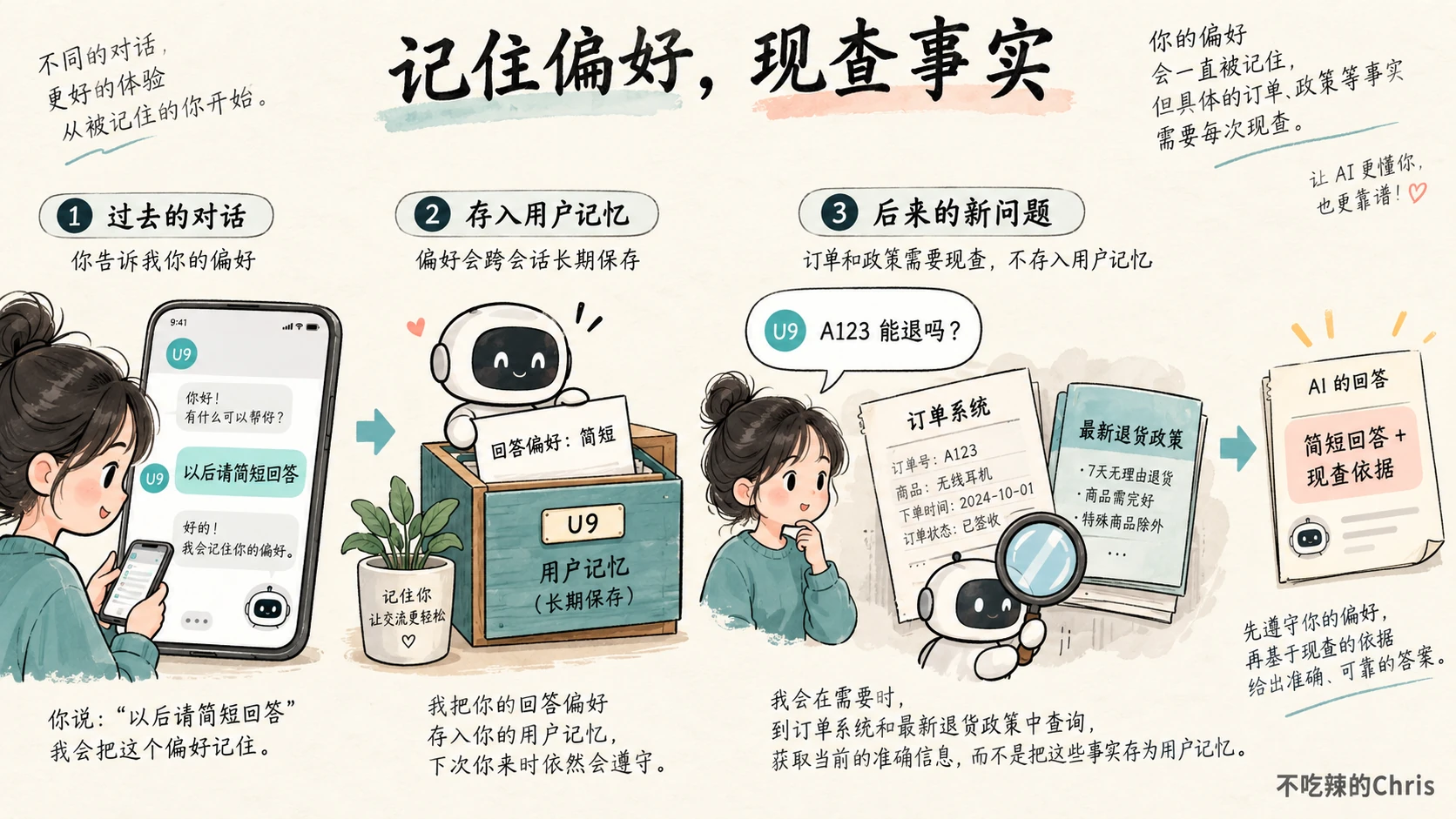 用户偏好可跨会话保存，订单与政策在新问题出现时重新核查