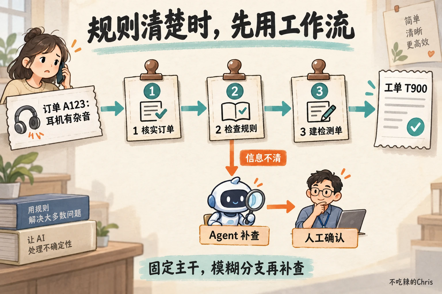 规则清楚的售后申请采用预设工作流，信息不清的分支交 Agent 补查并由人工确认